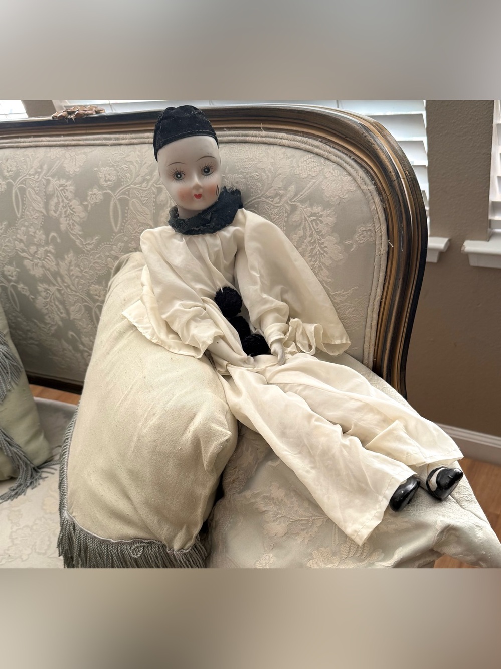 A.S.R.Pierrot Clown Doll 23 in Black & White ,porcelain, fabric, damaged, AS IS